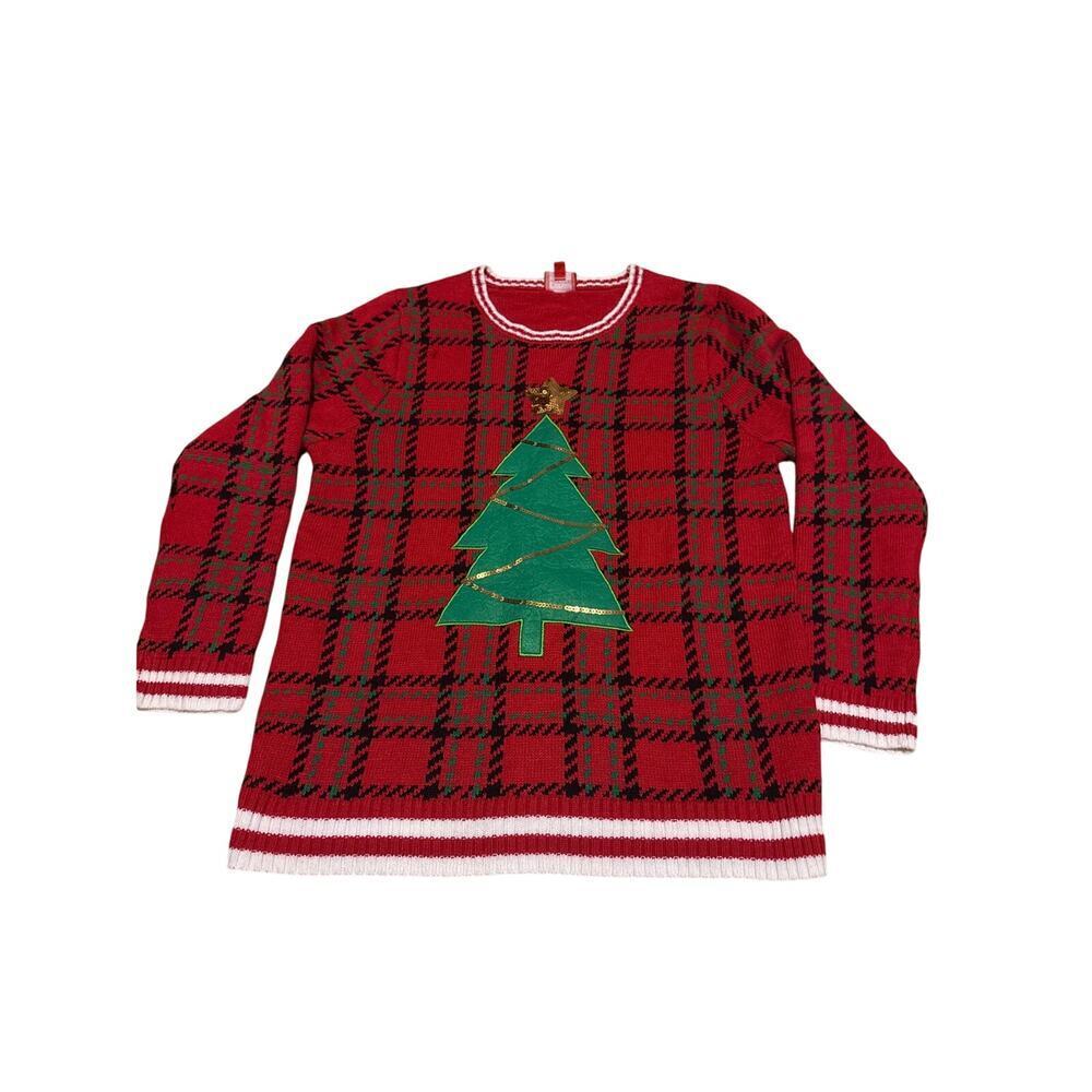 Joyland Plaid Christmas Tree Ugly Sweater Red